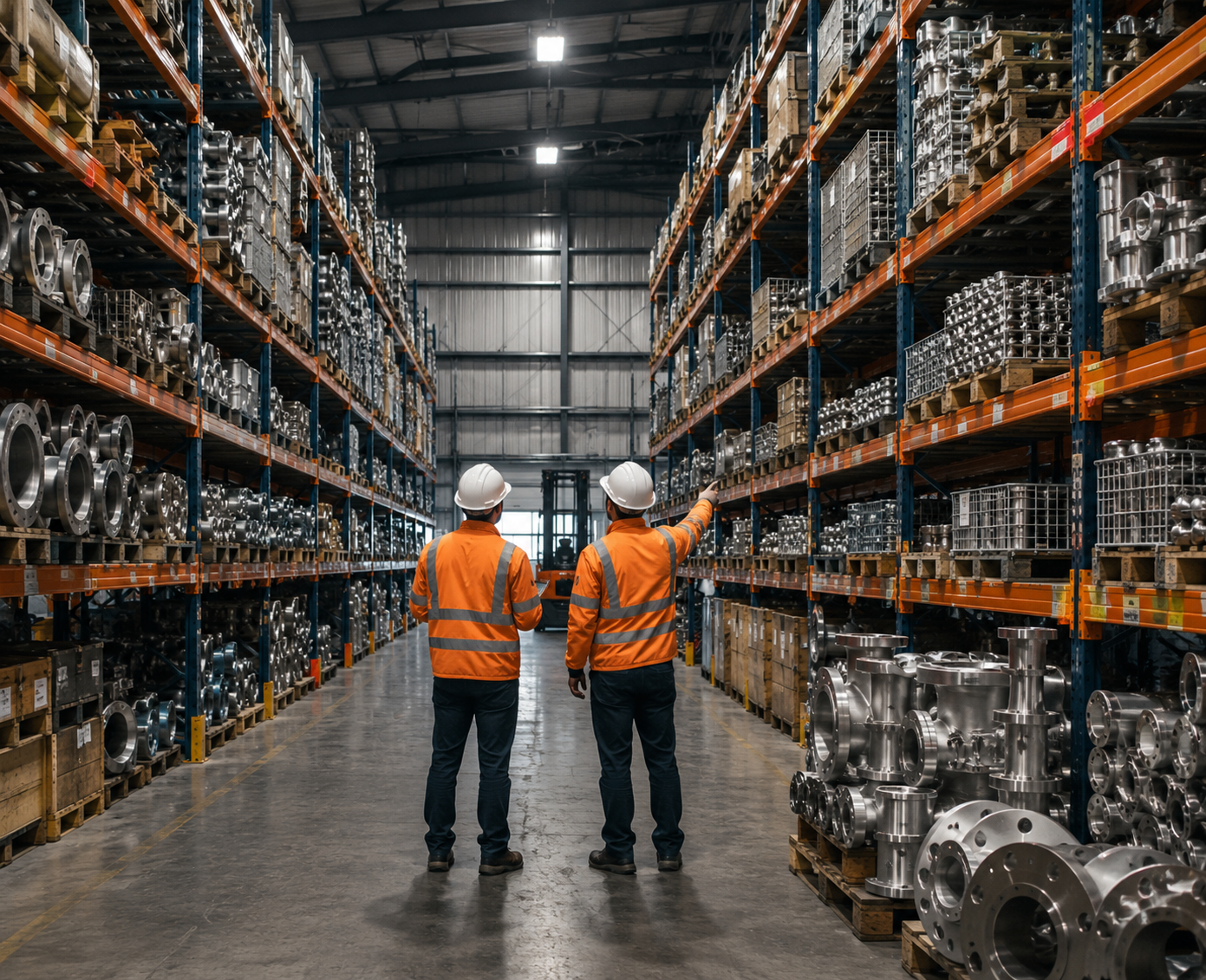 Industrial warehouse with stainless steel components and workers inspecting industrial equipment for Mech Tech Steel Industries