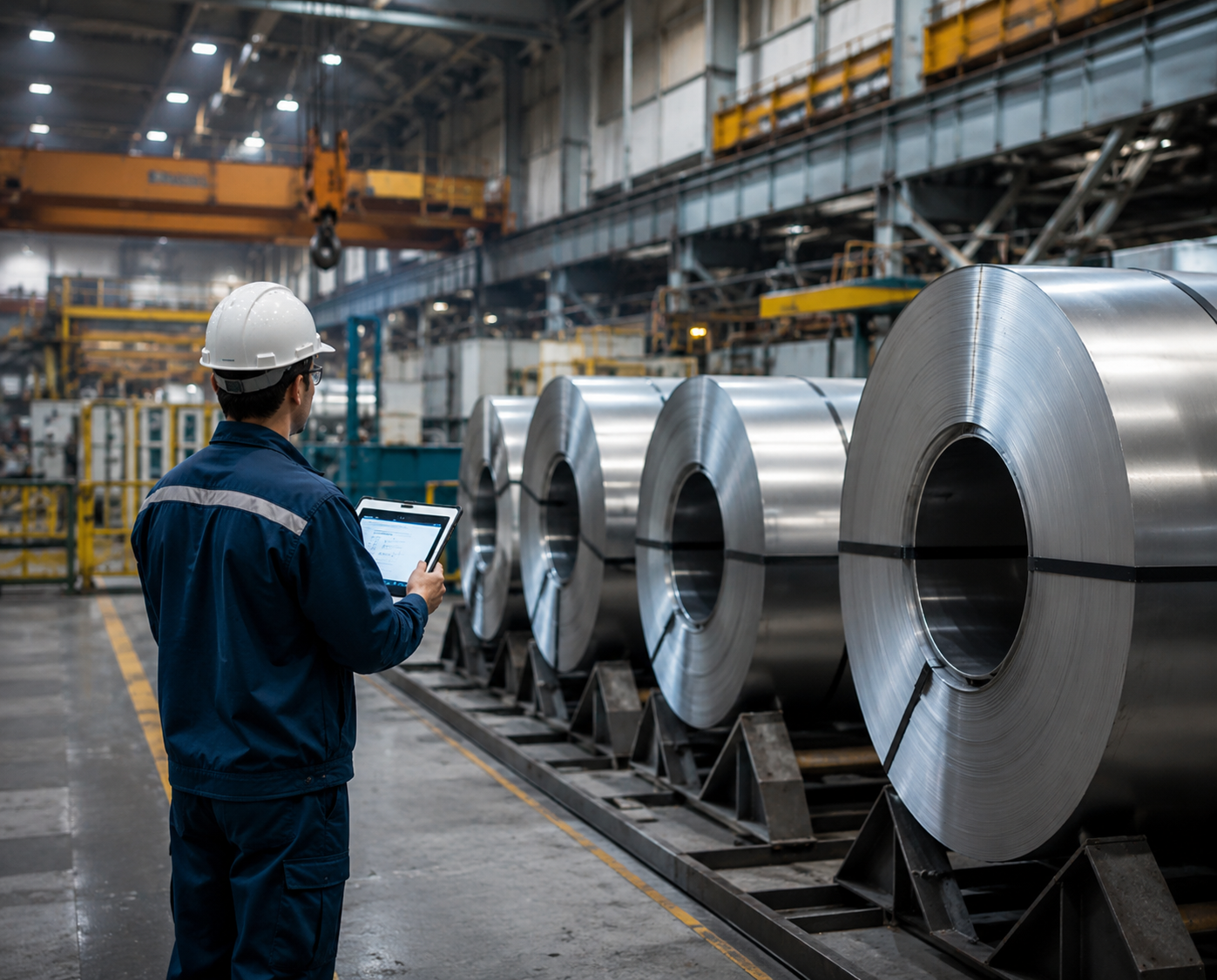 Industrial steel manufacturing plant with worker inspecting stainless steel coils and heavy machinery equipment for Mech Tech Steel Industries