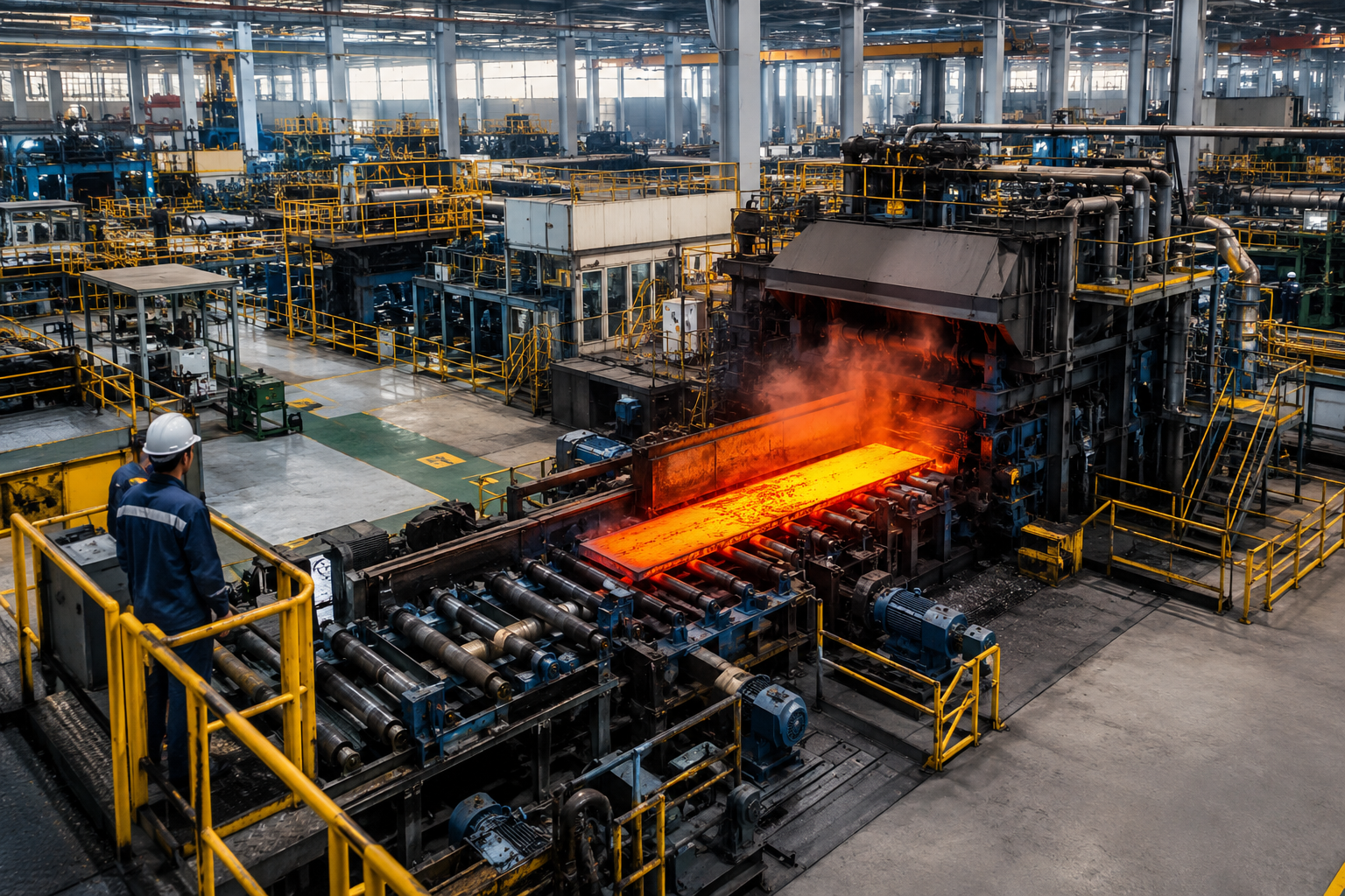 Heavy industrial steel manufacturing plant with hot metal processing line, factory machinery, and engineer monitoring production operations for Mech Tech Steel Industries