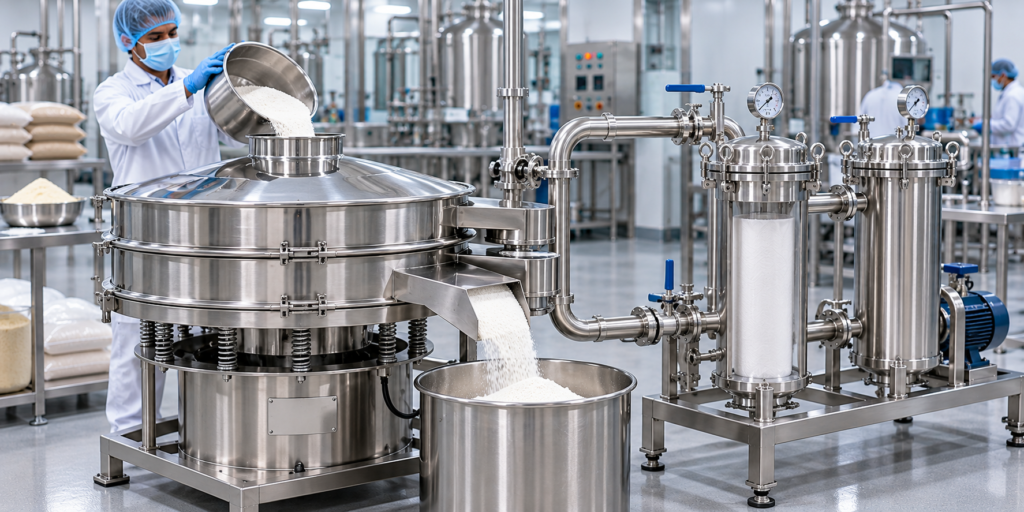 Stainless steel industrial sieve and filtration system for pharmaceutical and powder processing