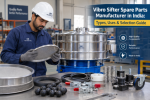 Vibro sifter spare parts manufacturer in India inspecting screen mesh and industrial components