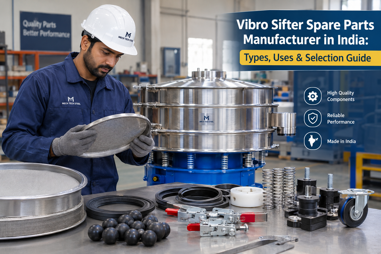 Vibro sifter spare parts manufacturer in India inspecting screen mesh and industrial components